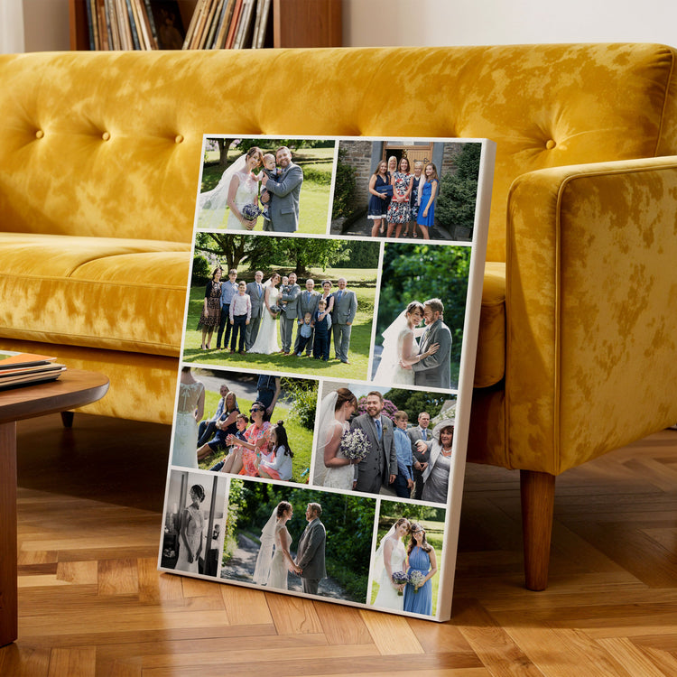 Portrait shaped canvas collage featuring wedding photos in 50x75cm canvas. 