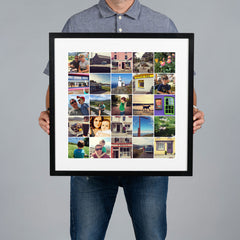 A man holds up a large black-framed custom photo grid collage print with a white mat. The collage contains multiple small travel and family photographs. The print is 40x40cm and the frame is 54x54cm. 