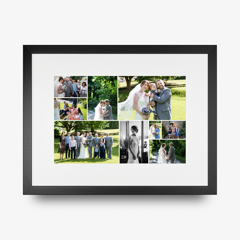 A framed custom wedding photo collage print with a black frame and white mat, showcasing multiple wedding photographs in a grid layout against a light gray background.