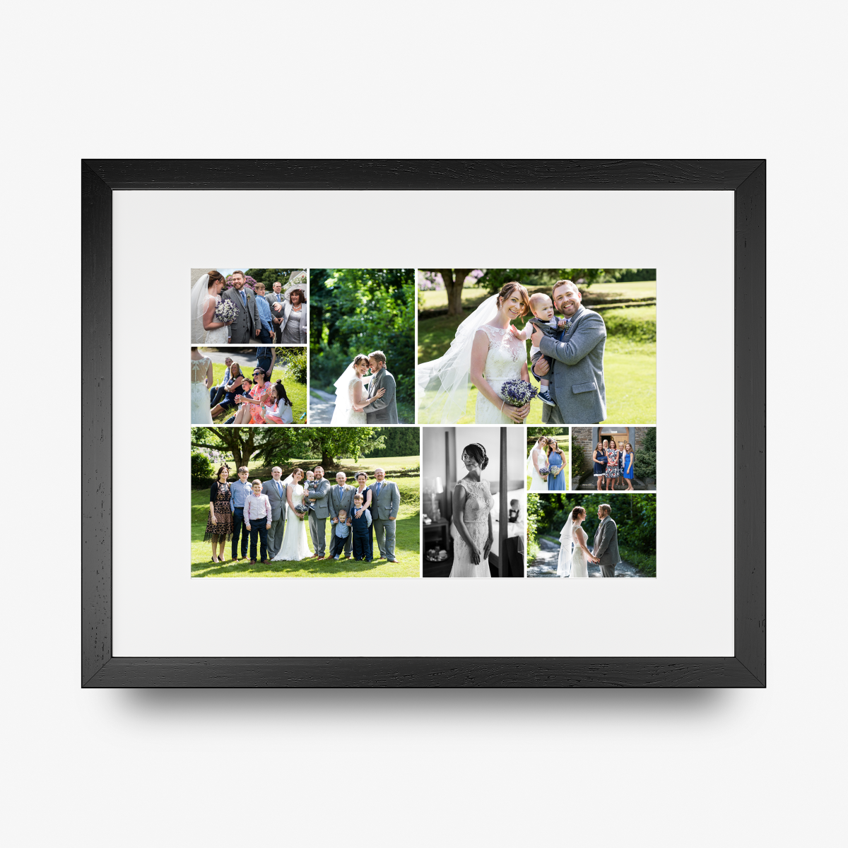A framed custom wedding photo collage print with a black frame and white mat, showcasing multiple wedding photographs in a grid layout against a light gray background.