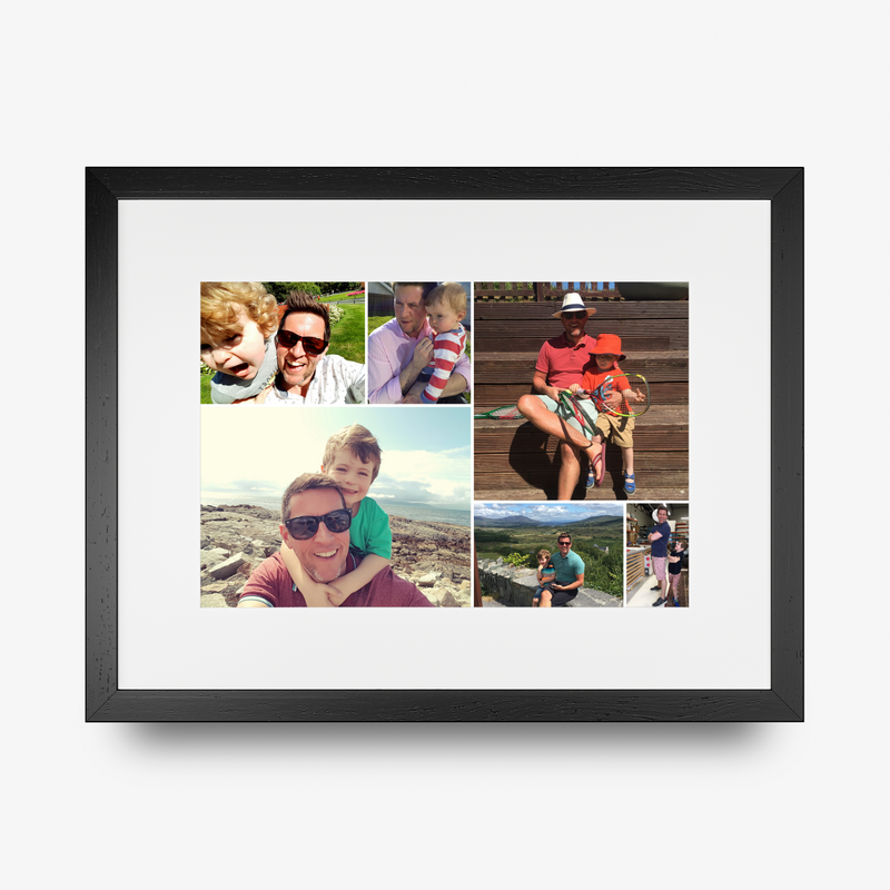 A framed custom photo collage print featuring six family and outdoor photographs arranged in a grid, set within a white mat and a black frame against a light gray background.