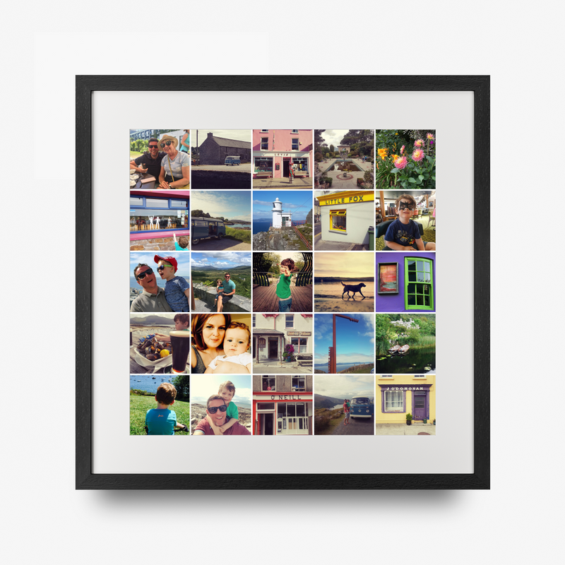 A framed square photo grid collage print with a black frame and white mat, showcasing a grid of colorful travel and family photographs on a light gray background.