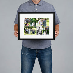 A man holds a black-framed custom photo collage print with a white mat. The collage contains multiple wedding and couple photos. The print is 30x20cm and the frame is 44x34cm. 